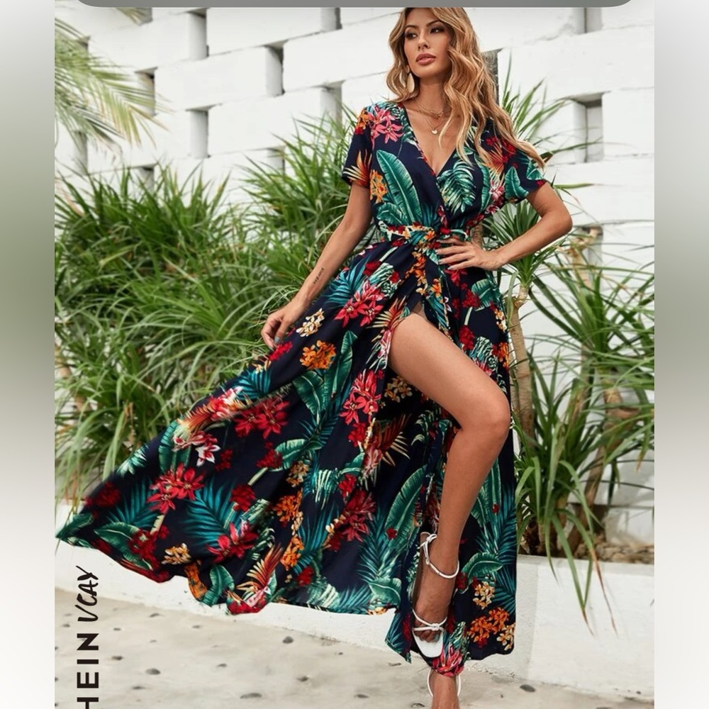 VCAY Floral And Tropical Print Belted Wrap Dress